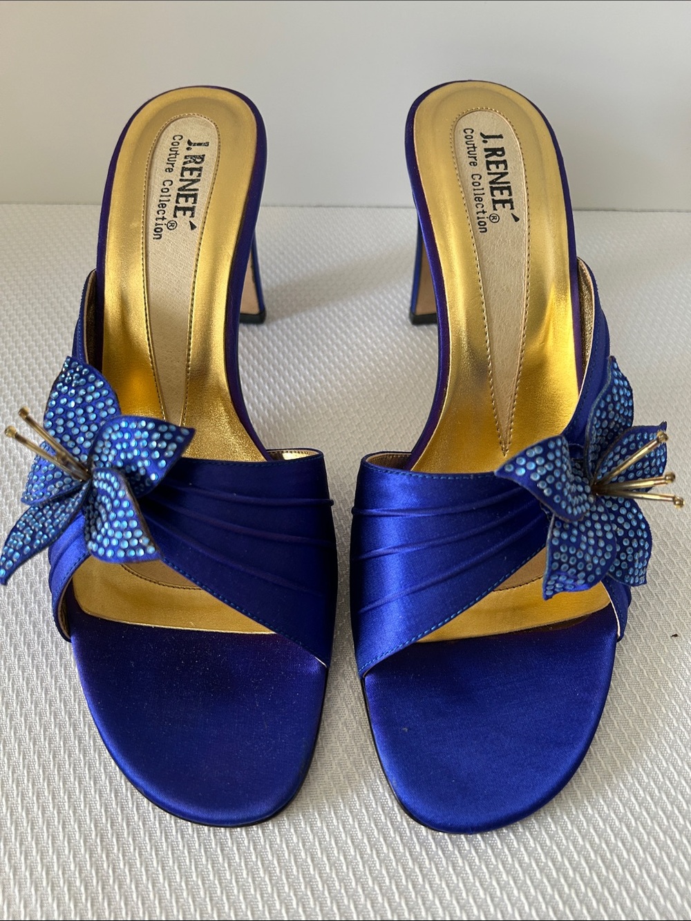 J.Renee Cobalt Blue Satin Heeled Mules with Floral Crystal Accent